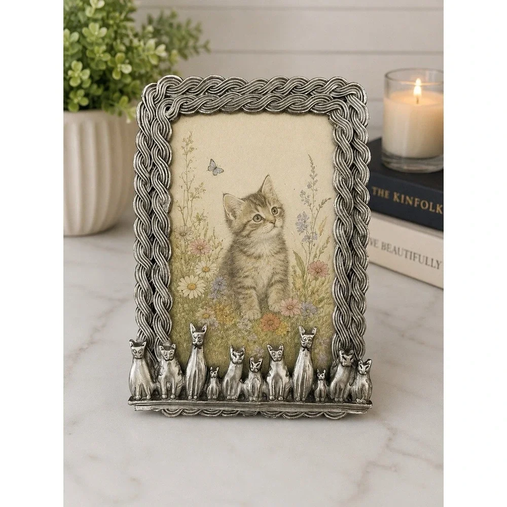 Pewter Picture Frame Felines 3X5 Tabletop Barron Cat Lady Kittens
